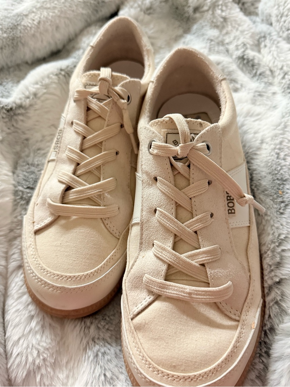 Skechers BOBS Women's Cream & Tan Low-Top Slip-On Sneakers - Picture 3 of 7